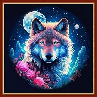 Findvoor Stamped Cross Stitch Kits for Beginners Full Range of Cross Stitching Embroidery Pattern for Adults, 11CT DIY Needlepoint Embroidery Starter Kits-Wolf Flower 17.7x17.7 inch