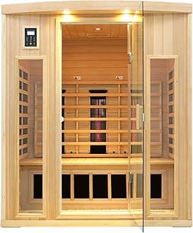 3 Person Infrared Sauna, Ceramic Infrared Sauna 3 Person, Far Infrared Saunas for Home, Low EMF Infrared Indoor Sauna, Hemlock Wooded Sauna Room, Bluetooth Speakers, Chromotherapy Lights