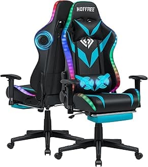 HOFFREE Gaming Chair with Bluetooth Speakers and Led Lights Massage Vide Game Chair with Footrest Reclining High Back Computer Gamer Chair Blue and Black