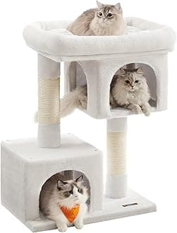 FeandreaCat Tree, 33.1-Inch Cat Tower, L, Cat Condo for Large Cats up to 16 lb, Large Cat Perch, 2 Cat Caves, Scratching Post, Cream White UPCT061T01