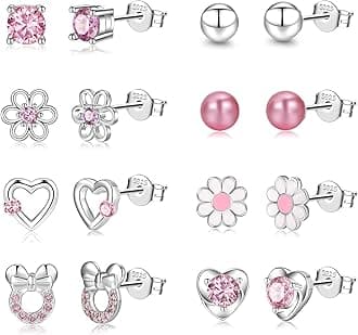 6 Pairs Huggie Hoop Earrings for Girls 925 Sterling Silver Stud Sets Cute Kids Heart Hoops Tiny Cubic Zirconia Flower Stud Small Hypoallergenic Cartilage Sleeper Earrings for Teen Toddler Childs Women