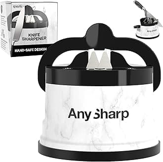 Editions – Hands Free Knife Sharpener - Easy to Use Sharpening Tool w/PowerGrip Suction Base and 20-Degree Pre-Set Angle - for All Knives: Chef's, Serrated, Hardened Steel - White Marble