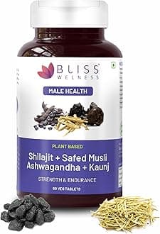 Bliss Welness Testosterone Supplement | Shilajit Ashwagandha Kaunch Beej Safed Musli Akarkhara Extract | Energy Performance Ayurvedic Health Supplement - 60 Vegetarian Tablets