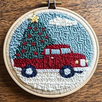 DIY Punch Needle Kits for Beginners Christmas Truck with Christmas Tree with Hoop Embroidery Punch Needle Starter Craft Set Easy for Adults and Children Festival Gift and Decoration 20x20cm-2
