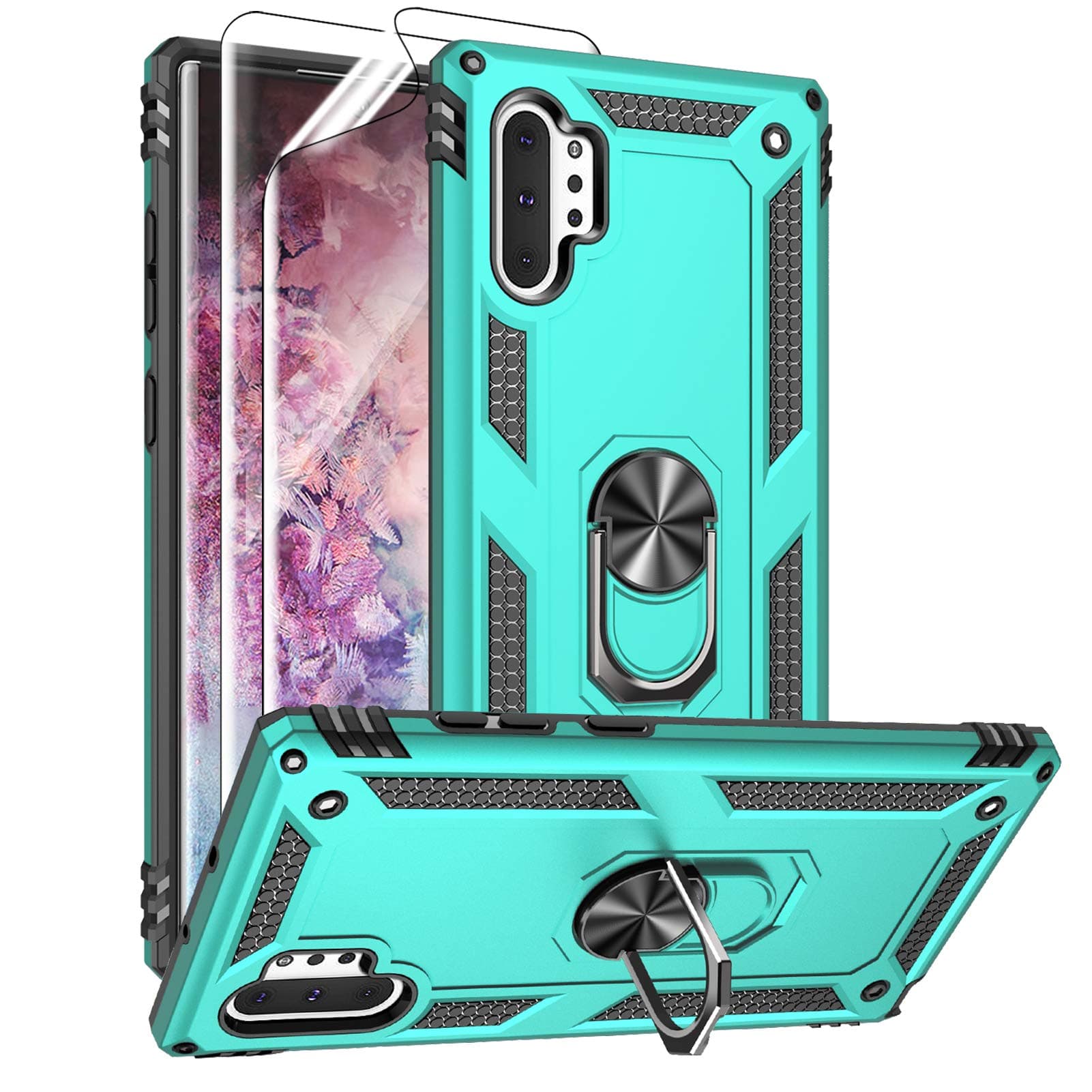 for Samsung Galaxy Note 10 Plus Case with HD Screen Protectors, Military-Grade Metal Ring Holder Stand Drop Tested Shockproof Cover Case for Samsung Note 10+/ 5G Green