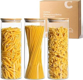 ComSaf Glass Spaghetti Pasta Storage Container with Lids 2 Qt Set of 3, Tall Clear Airtight Food Storage Jar with Wood Cover Kitchen Pantry Storage Container for Noodles Flour Cereal Coffee Beans