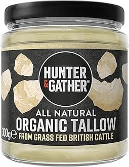 Hunter & Gather Organic Beef Tallow from Grass Fed British Cows 300g | Gluten Free, Seed Oil Free | Keto, Low Carb, Paleo I Ancestrally Inspired Nutrition I Simply 1 Ingredient I Glass Jar