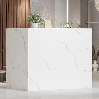 Hitow Modern Reception Desk Counter Table, L-Shap Reception Room Front Desk with Lockable Drawer & Open Shelves, Retail Counter for Salon Checkout Office, Marble White (55.9" W x 32.3" D x 48.4" H)