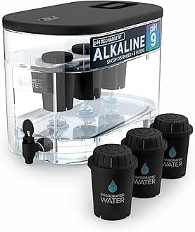 Invigorated Water - Alkaline Countertop Water Filter Dispenser, Large 52-Cup Capacity, Mineralized Alkaline Water, BPA-Free, 96 Gallons/Filter (Black, 3 Filters Included)