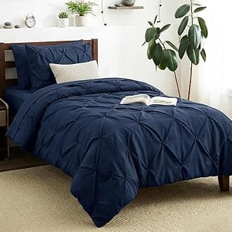 CozyLux Twin Comforter Set with Sheets Navy Blue, 5 Pieces Pintuck Bed in A Bag, Twin Bed Set Gift for Family, Pinch Pleat Bedding Set with Comforter, Sheets, Pillowcase & Sham