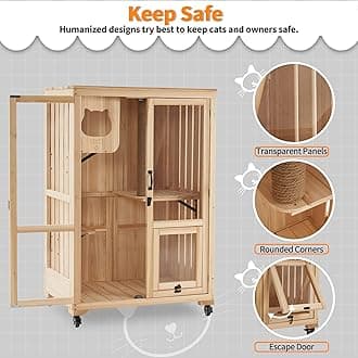MCombo Luxury Cat House with Scratching Post, Wooden Multi Feature Large Cat Condo with Escape Door and Wheels, Kitten Cages with Shelter Indoor Outdoor CT83 (Natural)