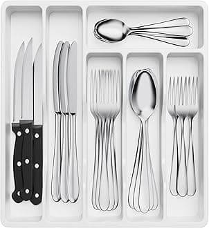 Lifewit Cutlery Drawer Organiser, Plastic Cutlery Tray for Kitchen Drawer, Utensil Flatware Silverware Holder Divider for Spoons Forks Knives Tableware, 6 Compartment, WhiteRecycled Claim Standard 100