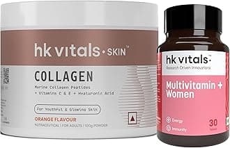 HealthKart HK Vitals Skin Radiance Collagen Powder (Orange, 100 g), Marine Collagen Supplements with Multivitamin Plus Women, Advanced Daily Multivitamin for Active Women, 30 Tablets (Combo Pack)