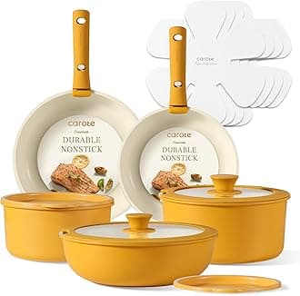 CAROTE Pots and Pans Set, Nonstick Cookware Set Detachable Handle, 15pcs Induction Kitchen Cookware Sets Non Stick with Removable Handle, RV Cookware Set, Oven Safe, Yellow