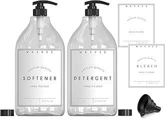 Laundry Soap Dispenser Set - Large Detergent & Fabric Softener (67.6 oz) PET Plastic Liquid Dispensers Organization Pumps, Caps, Labels, 2 Count (Pack of 1)
