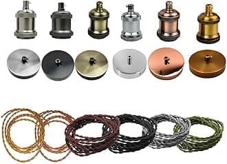 Vintage Light Fitting Ceiling Rose Fabric Cable Pendant Lamp Holder accessories (Satin Nickel, Brown+Matt Black)