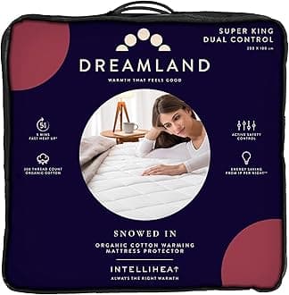 Dreamland Electric Mattress Protector Superking Size – Snowed In Organic Cotton, Fitted Sheet style, Fast Heat-Up, Timer with 6 Heat Settings, 2 x Detachable Controllers, Machine Washable, 200 x 180cm