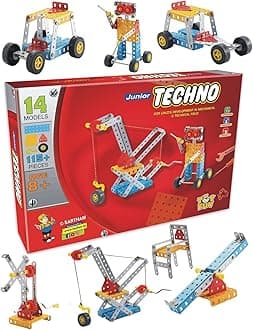 - SARTHAM Junior Techno, 8 to 12 Years, DIY Educational kit, Engineering Tool kit Toy, 1 Set STEM Learning Metal Toy, Gift for 8+ Year Old boy and Girl, 115+ Pieces Puzzle and 14 Models | Multicolor