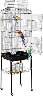 HCY Bird Cage Parakeet 64 inch Open Top Standing Parrot Accessories with Rolling Stand for Medium Small Cockatiel Canary Conure Finches Budgie Lovebirds Pet Storage Shelf, Black, 64x13x17 (Pack of 1)
