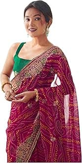 SIRIL Women's Georgette Bandhani Saree With Unstitched Blouse