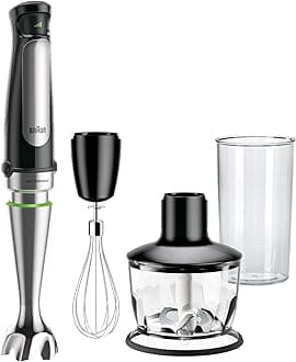 Braun MQ7035X 3-in-1 Immersion Hand, Powerful 500W Stainless Steel Stick Blender Variable Speed + 2-Cup Food Processor, Whisk, Beaker, Faster, Finer Blending, MultiQuick