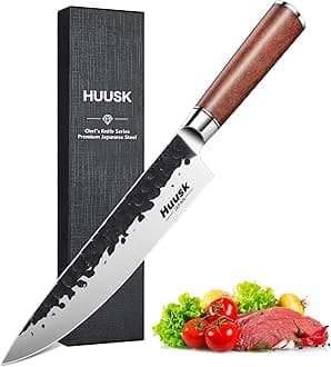 Huusk Japanese Chef Knife 8 Inch Gyuto Knife, Professional Sharp Kitchen Knives for Cooking, Solid Rosewood Handle Carbon Steel Knives with Gift Box, Christmas Gifts for Men and Women