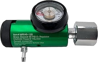 15LPM Oxygen Regulator CGA-540, Adjustable Flow 0-15 LPM - ASTM G175-03 - Aluminum/Brass, Max Inlet: 3000 PSI, Outlet: 50 PSI - Compact 1.38 inches X 6.29 inches