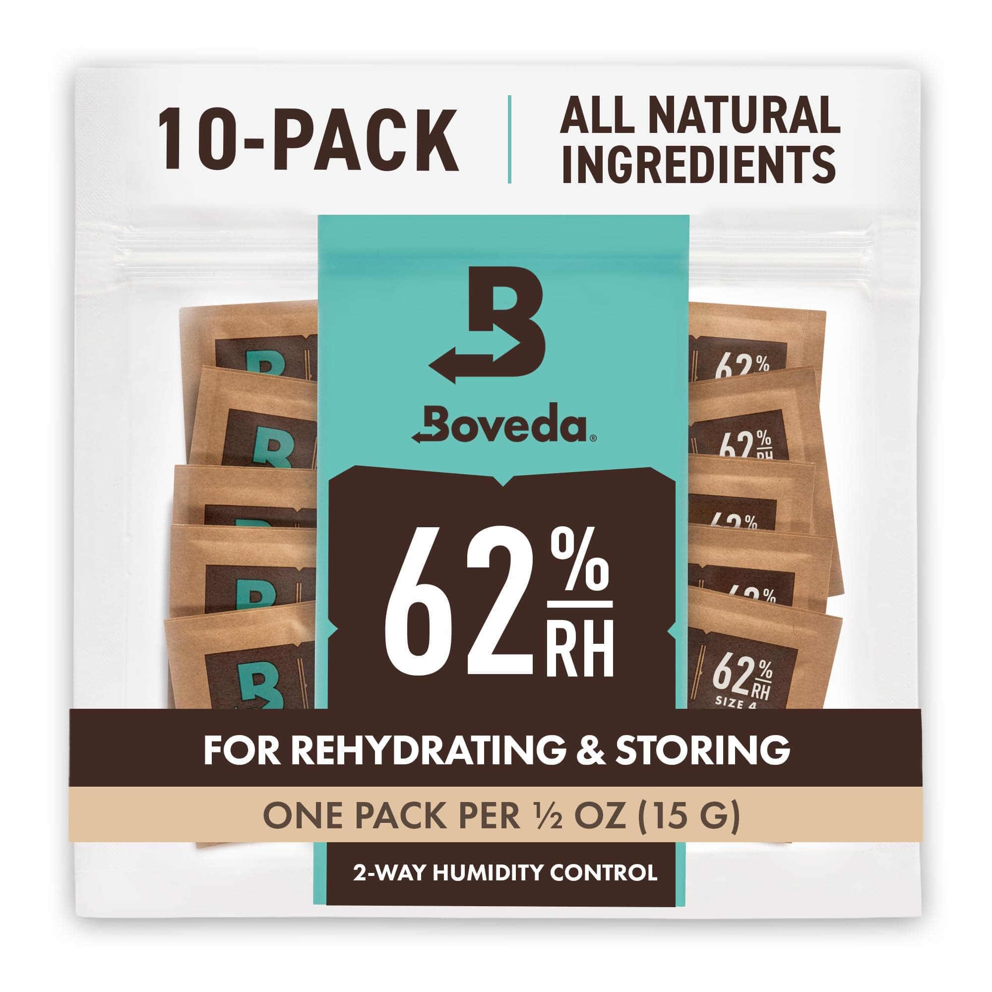 Boveda Herbal Storage 62-RH 2-Way Humidity Control Size 4 Protects Up to 1/2 oz (15g) Flowers Prevents Terpene Loss Overdrying and Molding 10-Count Resealable Bags 10