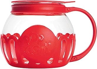 Ecolution Patented Micro-Pop Microwave Popcorn Popper with Temperature Safe Glass, 3-in-1 Lid Measures Kernels and Melts Butter, Made Without BPA, Dishwasher Safe, 1.5-Quart, Red
