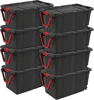 Sterilite 8-Pack Industrial Tote, Heavy-Duty Storage Bins w/Lids and Wheels, 40 Gallon - Stackable Organizing Containers for Home, Garage, Office, and Basement