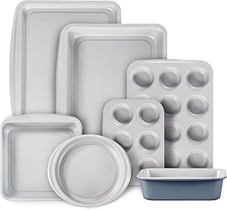 9-Piece Nonstick Stackable Baking Pans Set - Bakeware Sets Including Cookie Sheets for Baking, Muffin Pan, Bread Pan, Cake pan, Loaf Pan, Roasting Pan, Gray & Blue