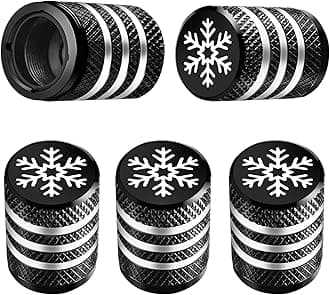 Tire Valve Stem Cap Cover - (5 Pack) Tire Air Caps Metal with Plastic Liner Corrosion Resistant Leak-Proof Snow Snowflake for Car Motorcycle Bike Black