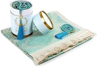 Muslim Prayer Rug and Prayer Beads with Elegant Cylinder Gift Box | Janamaz | Sajadah | Soft Islamic Prayer Rug | Islamic Gifts Set | Prayer Carpet Mat, Taffeta Fabric, Blue