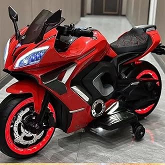 Rechargeable Battery Operated Ride on Bike for Kids, Electric Toy Bike with Leather Seat, Wheels Lights, Music and Key Start for Kids of Age 2 to 10 Years (Red)