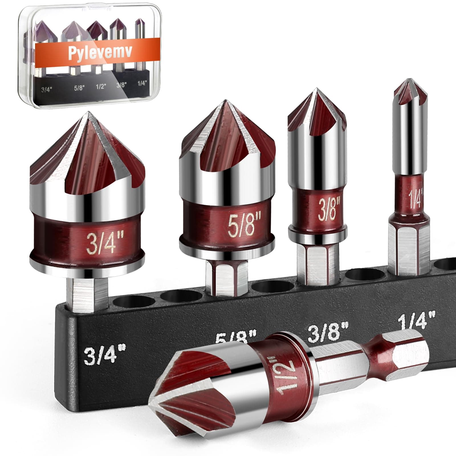 5Pcs Countersink Drill Bit Set, Premium Drill Bit with 82-Degree, 5 Flutes, Quick-Change Hex Shank, 1/4 Inch to 3/4 Inch Size, Counter Sink Bits for Wood, Metal, Plastic