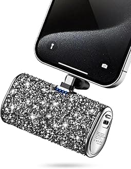 Bling Small Portable Charger, Power Bank, 6800mAh Ultra Compact Cute Shining Power Bank 5V3.1A Fast Charger Built-in Flashlight and Type-C Connector for iPhone 15 and Android Phones(Gray)