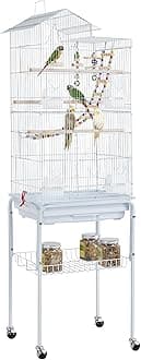 Yaheetech 62.5-inch Roof Top Flight Bird Cage for Parakeets Cockatiels Conures Finches Lovebirds Canaries Budgies Small Parrots, Large Birdcage with Detachable Rolling Stand, White