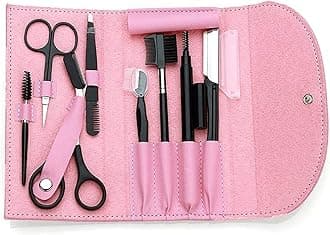 8PCS/SET Eyebrow Shaping Kit - Scissors, Pencil, Brush Trimmer, Beauty Tools Set With Leather Bag (Pink)