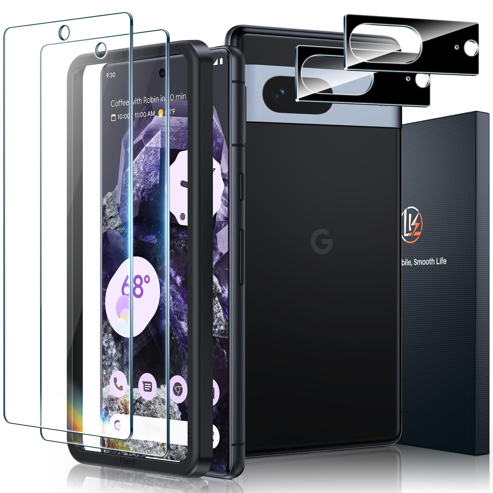 LK 2 Pack for Google Pixel 8 Screen Protector with 2 Pack Camera Lens Protector, HD Ultra-thin, 9H Hardness Tempered Glass Screen Protector for Pixel 8 [Fingerprint Compatible] Case Friendly