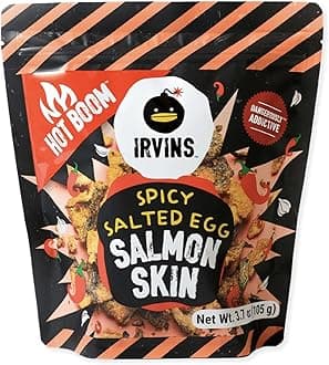 - IRVINS Hot Boom Salted Egg Salmon Skin Chips & Crisps – Explosively Spicy, Premium Hand Cooked, Halal, Keto-Friendly, High Protein Snack | Dangerously Addictive | (3.3 oz / 95g)