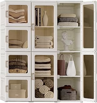Portable Wardrobe Closet Storage Organizer for Clothes,Transparent Door Panels,Suitable for Living Room, Bedroom,Plastic Wardrobe with Magnetic Door and Easy Assembly 12 Cubes
