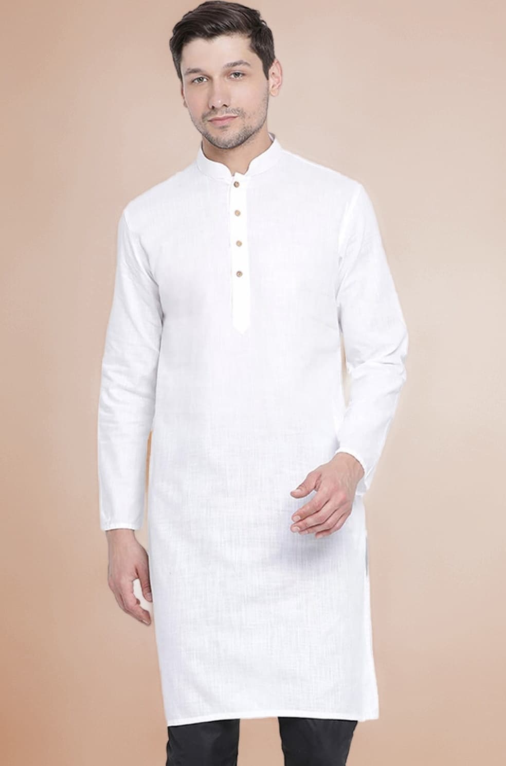 VASTRAMAY Mens Cotton Linen Kurta - Timeless Elegance for Festivals & Events | Plain Solid Full Sleeves Mandarin Collar Kurta | Traditional Indian Outfit