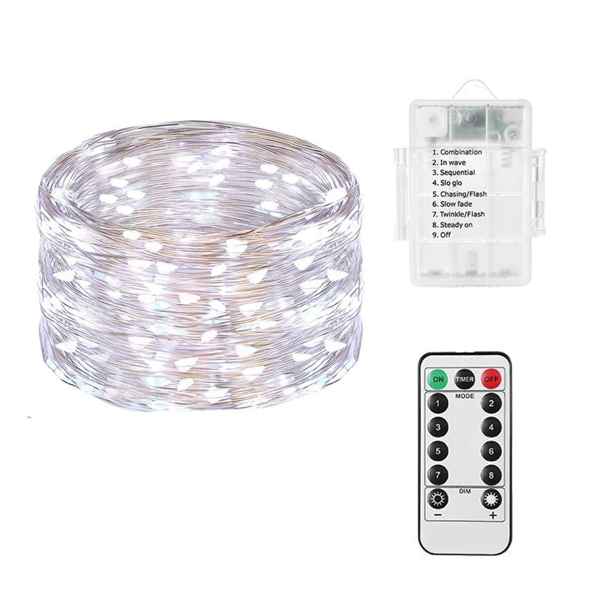 LED String Lights 3AA Battery Powered 16.4ft with 50 LEDs (Cool White Color) Dimmable with IR Remote Control Waterproof Outdoor Wedding Party Decorative Light