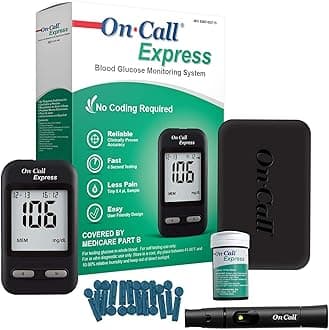 On Call Express Diabetes Testing Kit- Blood Glucose Meter, 10 Blood Test Strips, 1 Lancing Device, 30g Lancets, Control Solution, Carrying Case, Log Book, Black