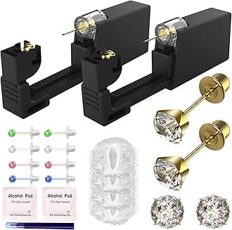 KAIQIKAIXI 19Pcs Ear Piercing Kit Disposable Sterile Ear Piercing Kit Painless Ear Piercing Gun Tool with CZ Size 5 mm Golden Earring Studs (Golden, 5mm)