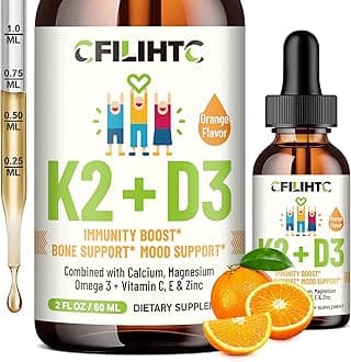 CFILIHTC Vitamin D3 K2 Drops for Kids - Omega 3, Vitamin E, Calcium, Magnesium & Zinc for Better Absorption - Liquid MK7 1000 IU D3 Support Healthy Bones, Teeth & Heart - Non-GMO, Orange, 2 Fl Oz