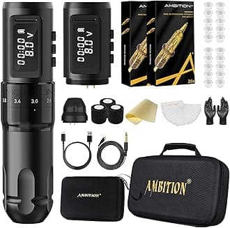 Tattoo Kit - Ambition Mars-U Wireless Tattoo Machine Kit with Adjustable Stroke 1800mAh Power with 40pcs Tattoo Cartridges Needles Ink Cup Gloves Bandage Practice Skin for Professional Tattoo Artists