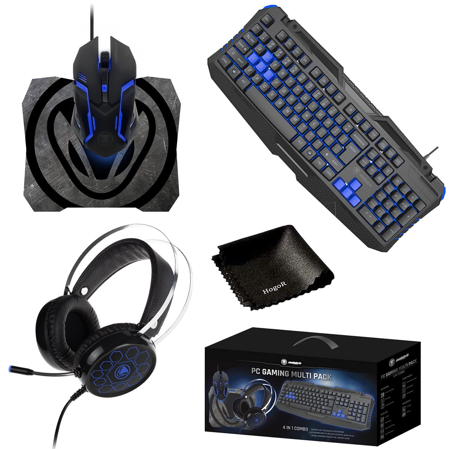HogoR Combo : Snakebyte PC Gaming Multi-Pack 4-In-1 Multi Pack Of USB Keyboard,Mouse,Mouse Pad,Headset With Lens Cleaning Cloth