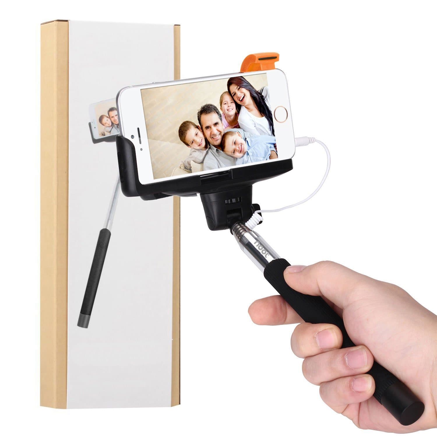 Selfie Stick, nilogie Plug-N-Snap Self Portrait Extendable Handheld Monopod Stick with Adjustable Phone Holder with Built-in Remote Shutter - Charge Free - Designed for Apple iPhone and Android Smartphones