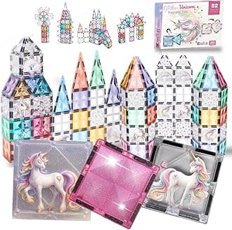 Glitter Unicorn Pony Magnetic Tiles: Building Blocks Toys for Kids - Hearts, Stars, Rainbow Castle Playset for Creative Kids, STEM Frozen Princess Birthday Gift for Girls Ages 3 4 5 6 7 8 and Up